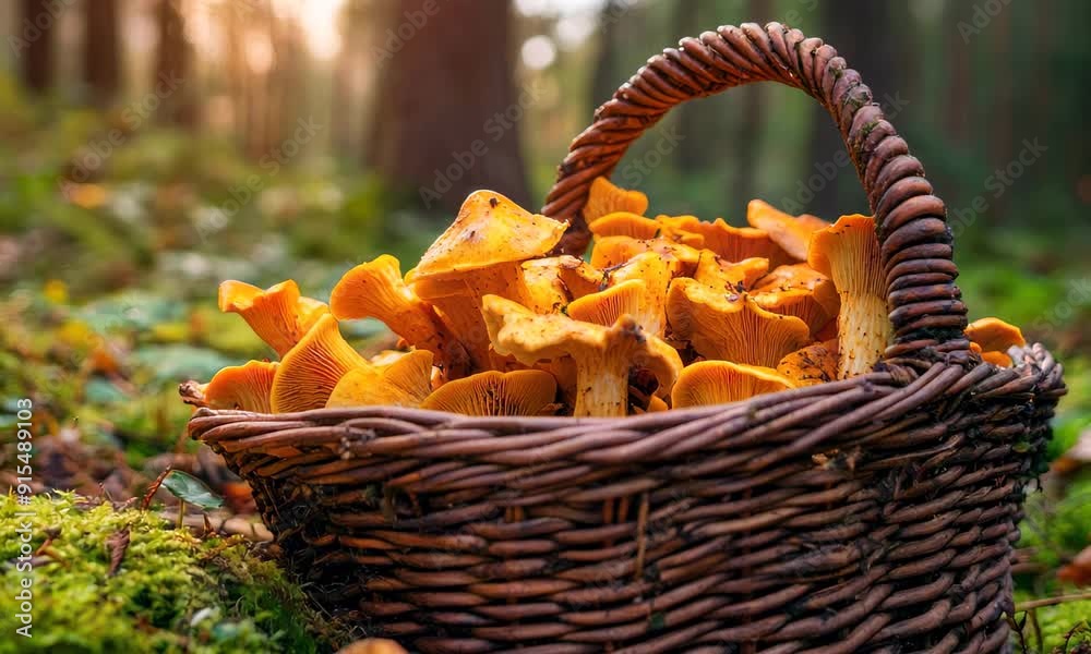 Basket of yellow mushrooms in forest setting Basket of yellow mushrooms in forest setting