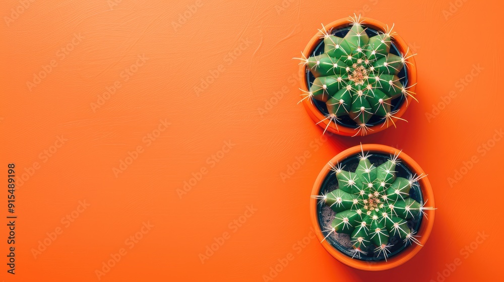 Overhead view of two green cacti in an orange pot with orange backdrop, blank space for text. Overhead view of two green cacti in an orange pot with orange backdrop, blank space for text.