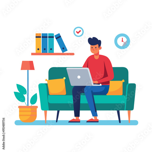 man sitting on couch with laptop flat vector illustration