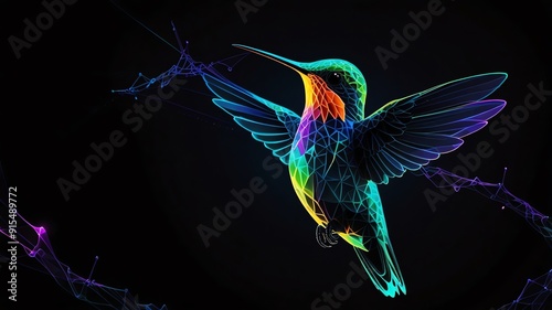 A colorful, digital hummingbird in flight, with a glowing, abstract shape in the background. photo