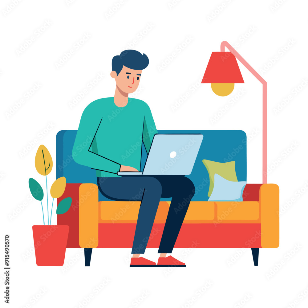 man sitting on couch with laptop flat vector illustration man sitting on couch with laptop flat vector illustration