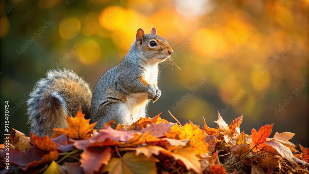 Squirrel perched on a colorful pile of autumn leaves, squirrel, fallen leaves, autumn, woodland, wildlife, cute, fluffy