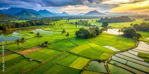 Breathtaking aerial view of vibrant green paddy rice fields in rural India, Tamil Nadu, showcasing intricate farming patterns, irrigation systems, and serene natural beauty.