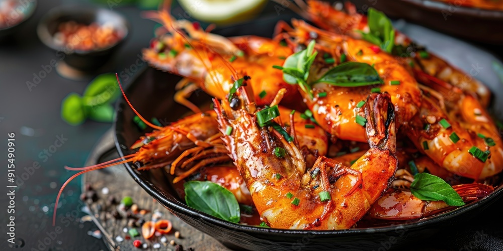 Spicy stir fried river shrimp served with sliced lemongrass curry on a plate Spicy stir fried river shrimp served with sliced lemongrass curry on a plate