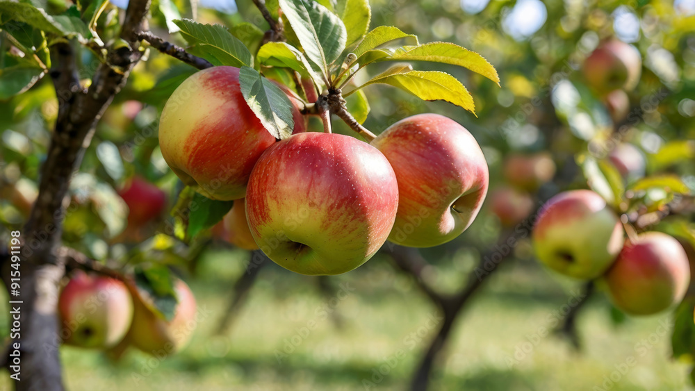 Fresh red apples on a tree, branch with apples close up, harvest season Fresh red apples on a tree, branch with apples close up, harvest season