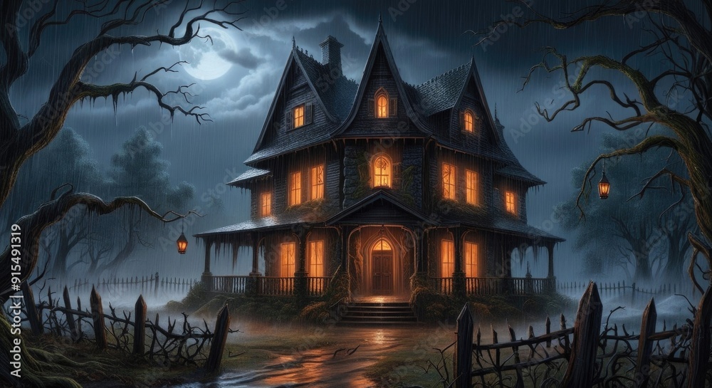 Fototapeta premium Spooky victorian house surrounded by bare trees at night