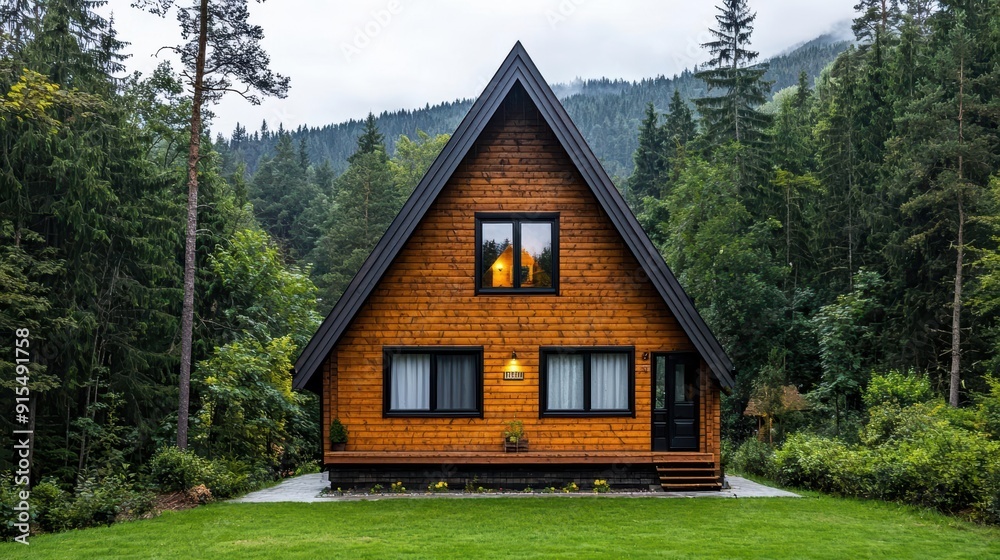 Rustic A-frame house with a steep roof, wooden shingles, forested setting Rustic A-frame house with a steep roof, wooden shingles, forested setting