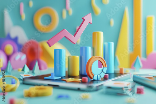 Illustration of colorful graph and charts with arrow pointing up. Concept of business growth with charts, graphs, and target icons