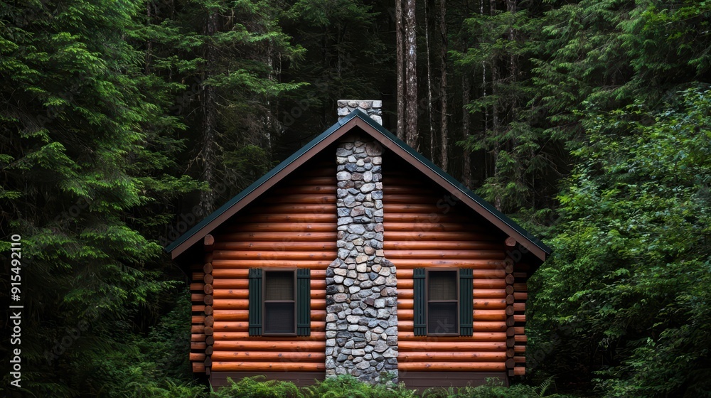 Rustic log cabin with stone chimney, nestled in a dense forest, cozy retreat Rustic log cabin with stone chimney, nestled in a dense forest, cozy retreat
