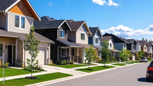 Suburban row houses, uniform design, urban feel, green street