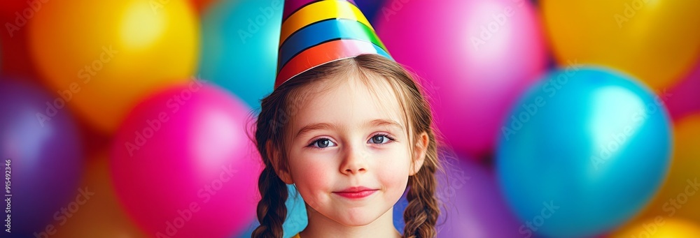 Obraz premium Adorable Girl with Braids and a Party Hat Standing Before Colorful Balloons, Perfect for Birthday Party Themes and Celebrations, Ideal for Children's Day Festivities
