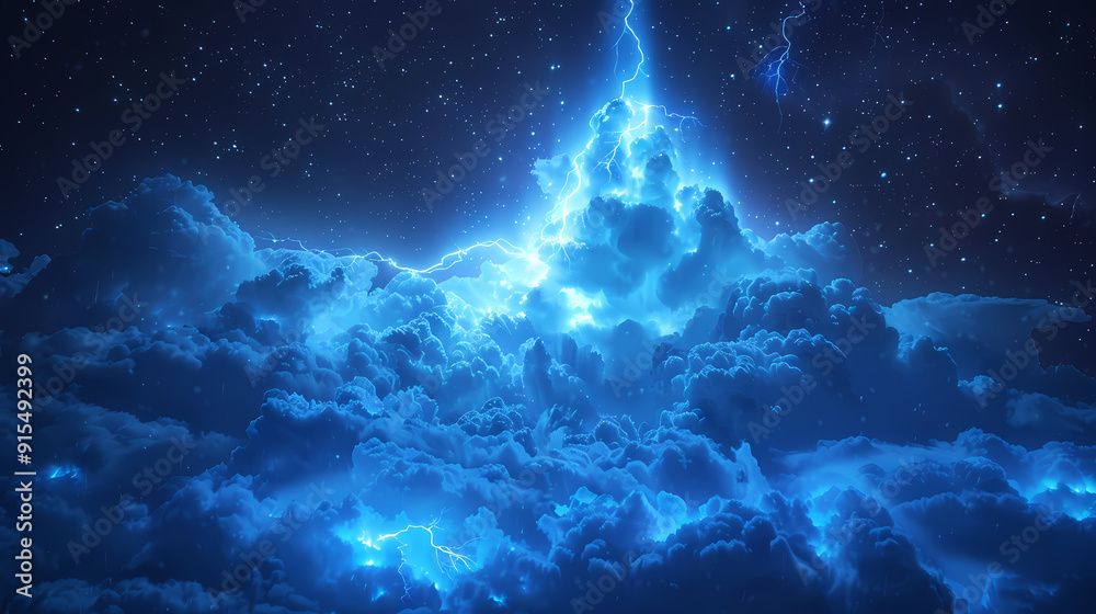 The Blue Jet lightning phenomenon occurs in the upper atmosphere. When powerful blue lightning flashes shoot up from the tops of high cumulonimbus clouds. The Blue Jet lightning phenomenon occurs in the upper atmosphere. When powerful blue lightning flashes shoot up from the tops of high cumulonimbus clouds.
