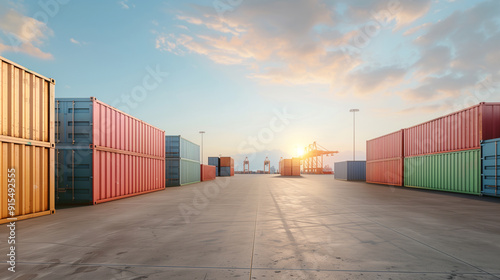 Wallpaper Mural A serene scene of a container yard at sunset, with vibrant colors reflecting off the metal surfaces. The shipping containers are neatly stacked, ready for transport. Torontodigital.ca