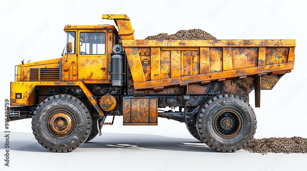 Dump truck, isolated on white, close-up of cab, high detail, realistic and clean, commercial use, perfect for brochures Dump truck, isolated on white, close-up of cab, high detail, realistic and clean, commercial use, perfect for brochures