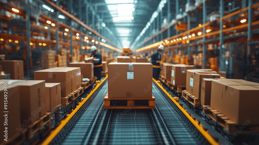 Efficient manual packing operation in a busy warehouse, logistics workflow, employee teamwork.