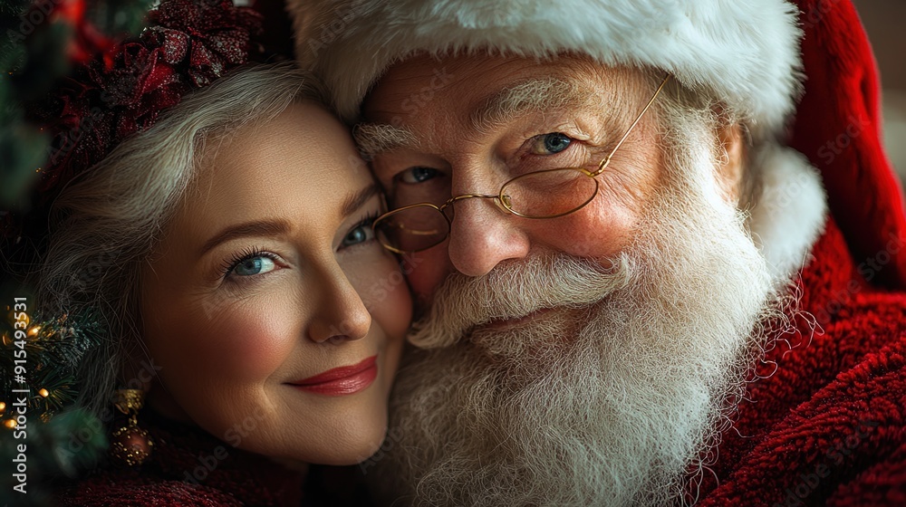 Smiling Santa and Mrs. Claus share a warm embrace during the holiday season.