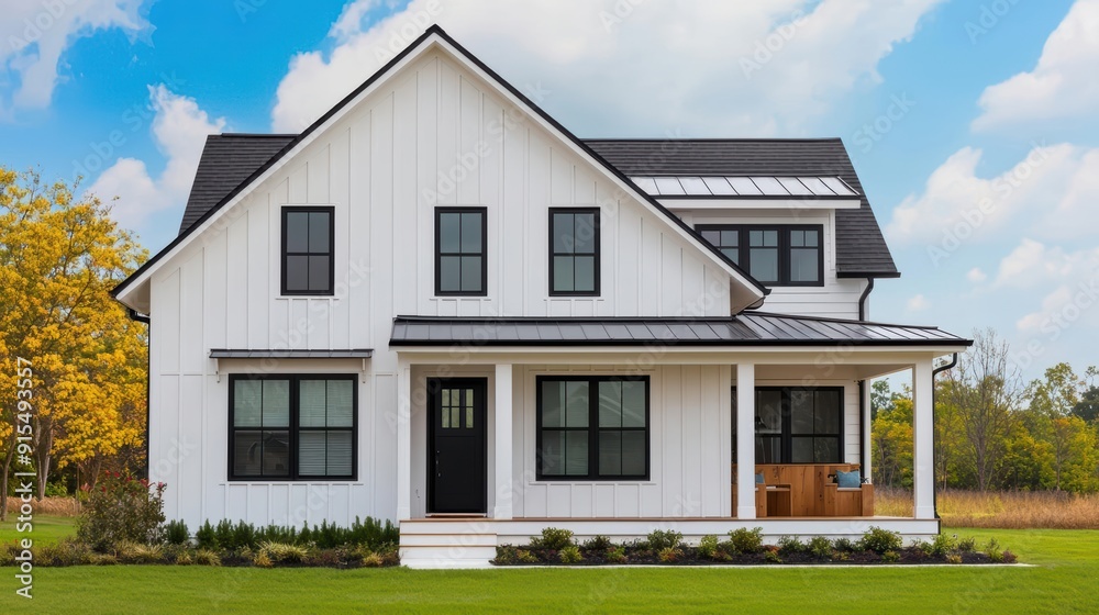 Suburban home with a modern farmhouse vibe, white exterior, black trim Suburban home with a modern farmhouse vibe, white exterior, black trim
