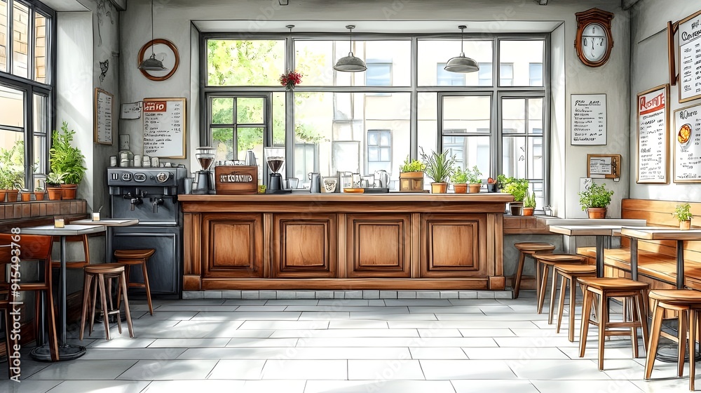 A cozy cafe coffee shop scene hand-drawn illustration. Generative AI A cozy cafe coffee shop scene hand-drawn illustration. Generative AI