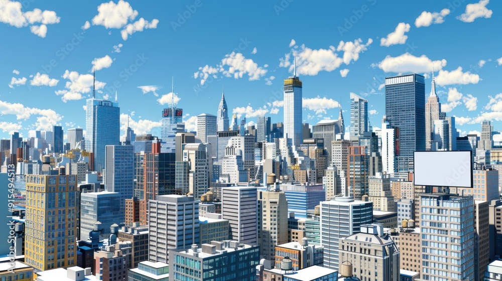 Naklejka premium Cityscape with Skyscrapers and Blue Sky.