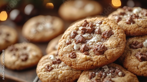 Close-up of delicious freshly baked chocolate chip cookies stacked on a wooden plate.