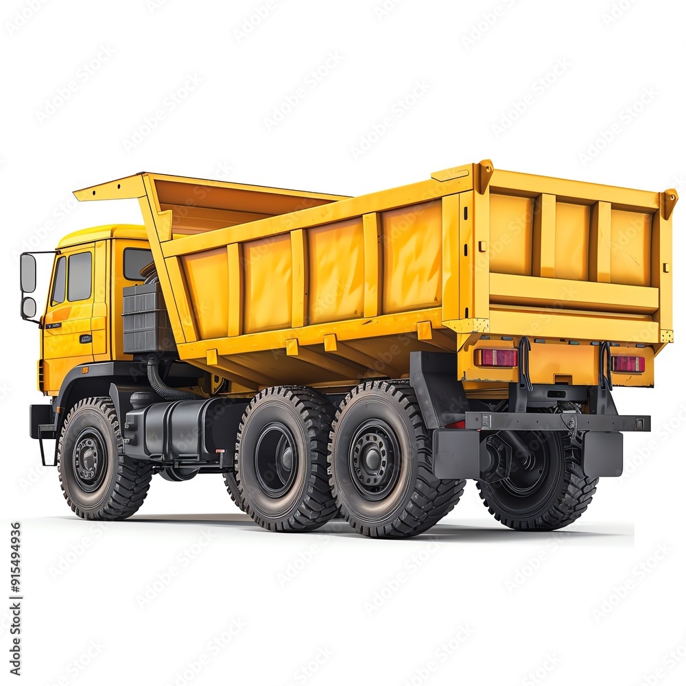 Industrial dump truck, isolated on white, rear view, realistic and detailed, clean background, high-quality image Industrial dump truck, isolated on white, rear view, realistic and detailed, clean background, high-quality image