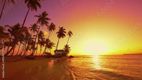 Sunny summer evening on tropical Hawaii island with palm beach. Warm calm sea and sunny palm beach. Picturesque summer landscape. Vivid nature of sea coast. Summer vacation.