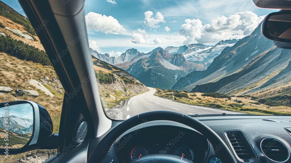 A scenic road trip view from the dashboard of a car, capturing the essence of adventure and exploration. A scenic road trip view from the dashboard of a car, capturing the essence of adventure and exploration.