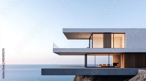 Modern cliffside house, cantilevered structure, dramatic ocean view