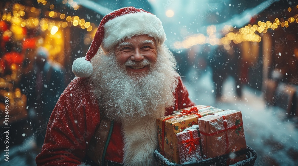 Cheerful Santa Claus with presents in a festive holiday market setting. Cheerful Santa Claus with presents in a festive holiday market setting.