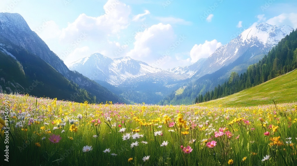 Fototapeta premium Serene springtime in the Alps with rolling meadows in full bloom, set against a backdrop of majestic mountain ranges.