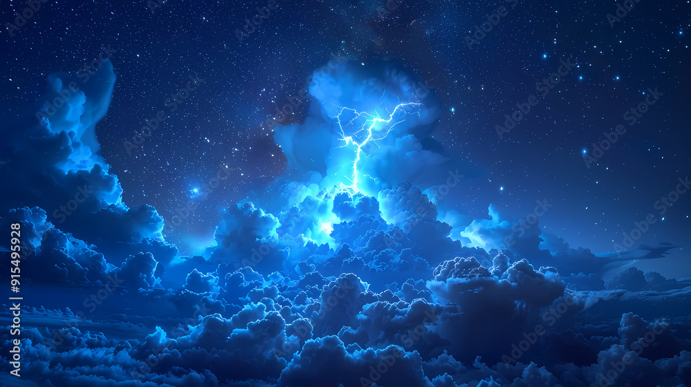 Fototapeta premium The Blue Jet lightning phenomenon occurs in the upper atmosphere. When powerful blue lightning flashes shoot up from the tops of high cumulonimbus clouds.