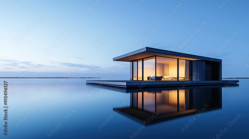 Floating house on a serene lake, modern architecture, reflective water Floating house on a serene lake, modern architecture, reflective water