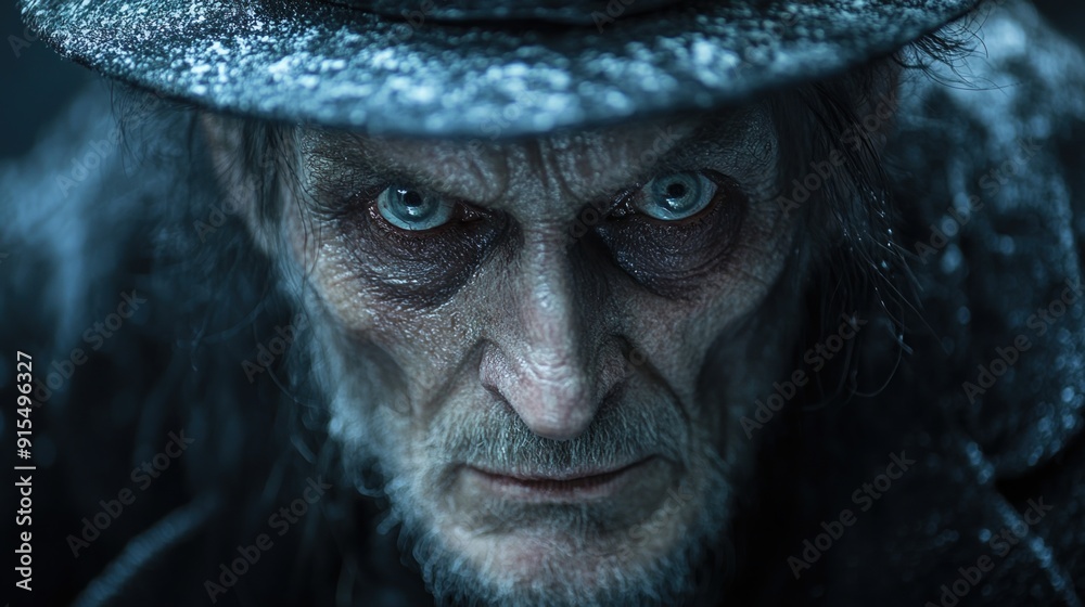 Eerie portrait of an elderly man with haunting features in a dark, snowy setting. Eerie portrait of an elderly man with haunting features in a dark, snowy setting.