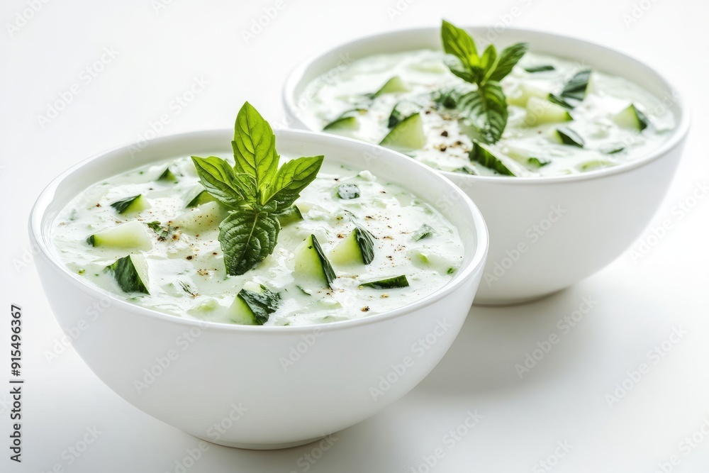 Two Bowls of Creamy Cucumber Soup with Fresh Mint Garnish Two Bowls of Creamy Cucumber Soup with Fresh Mint Garnish