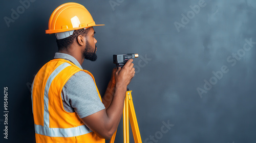 Worker using laser levels to ensure foundation accuracy photo