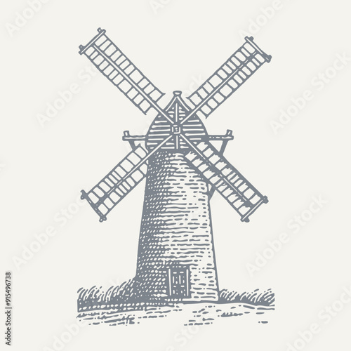Windmill engraving. Vintage woodcut engraving style vector illustration.