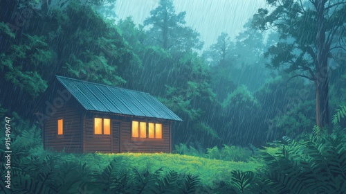 A cozy cabin nestled in a dense forest during a peaceful rain, illuminated by warm lights, creating a serene atmosphere.