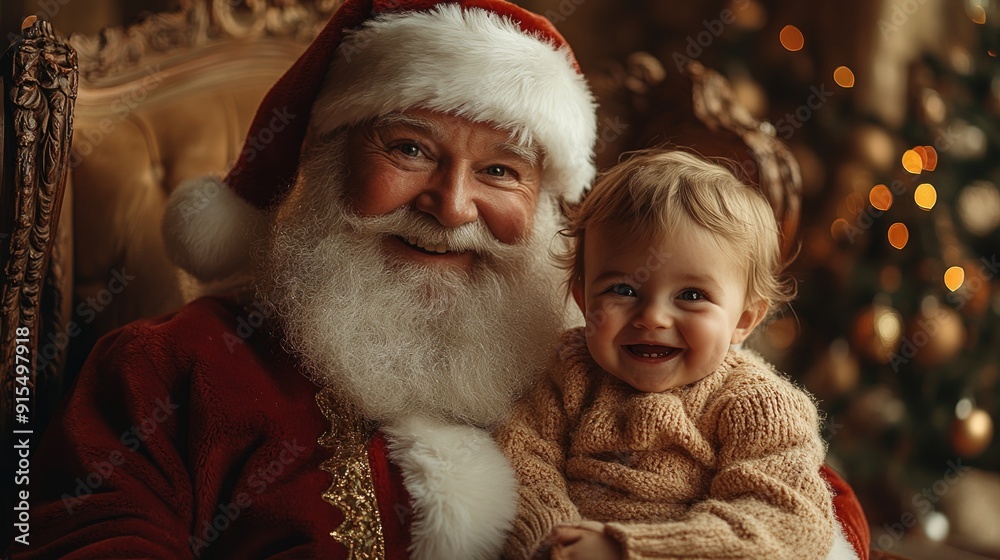 Santa Claus shares a joyful moment with a smiling toddler during the holiday season.