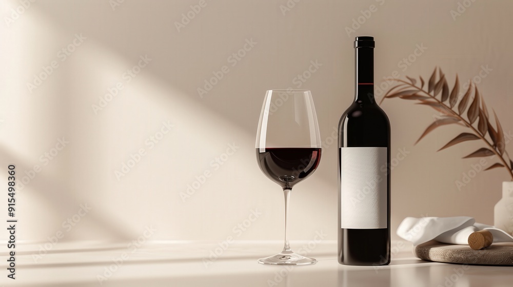 Glass of red wine with bottle in minimalist setting, neutral background, perfect for wine events Glass of red wine with bottle in minimalist setting, neutral background, perfect for wine events