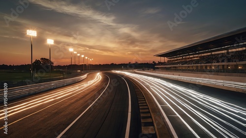 A race track at dusk with cars speeding around a bend, leaving streaks of light behind them