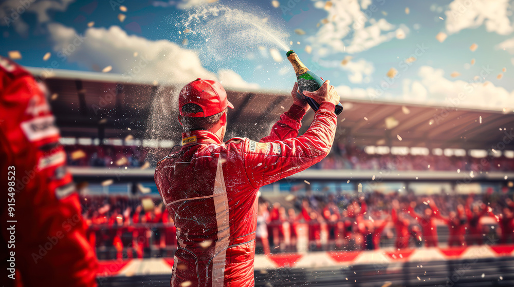 Obraz premium F1 winner in red uniform celebrating the victory on the podium, holding champagne bottle and spraying the crowd with champagne. racing pilot celebrating with champagne spray gran prix vin
