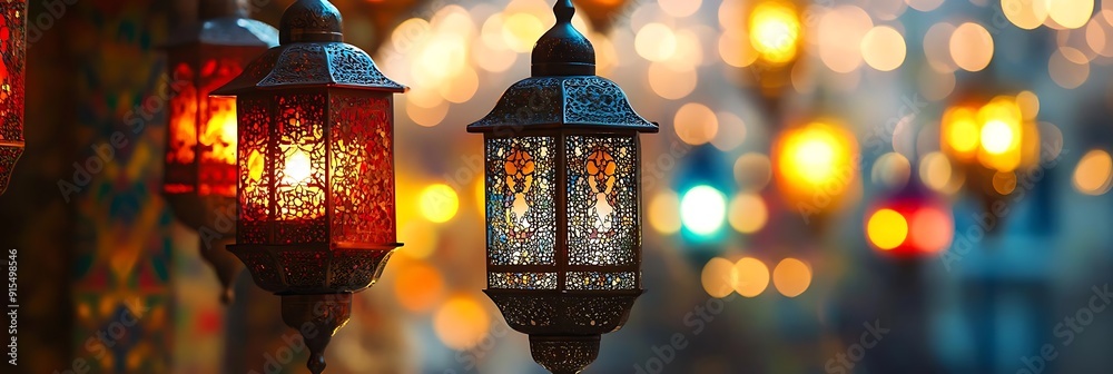Ornate Lanterns Hanging with Bokeh Lights Illustration Ornate Lanterns Hanging with Bokeh Lights Illustration