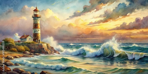 Fototapeta Naklejka Na Ścianę i Meble -  Vintage watercolor painting of a seascape with a lighthouse and rolling waves , vintage, watercolor, painting, seascape