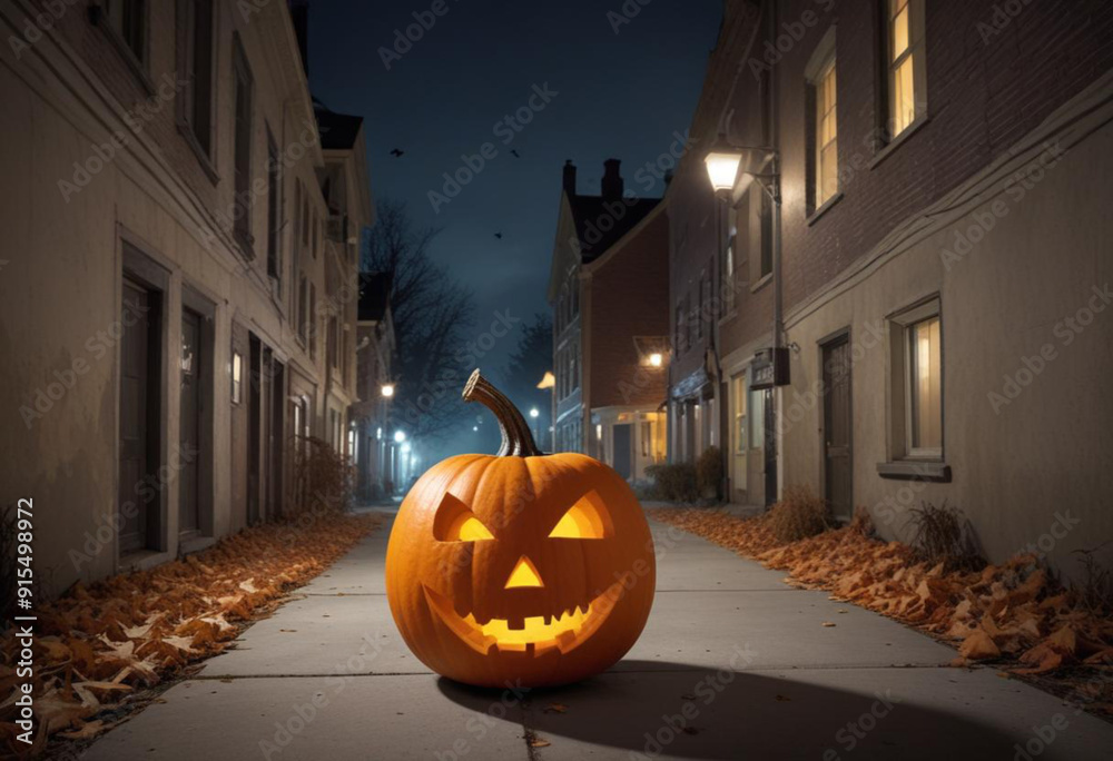 Fototapeta premium pumpkin with a jack lantern facr on middle street , autumn, fallen leaves and dark baxkground, spooy