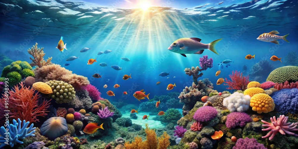 Obraz premium Scene of a peaceful ocean with clear blue water, a colorful coral reef, and various sea creatures swimming, sea