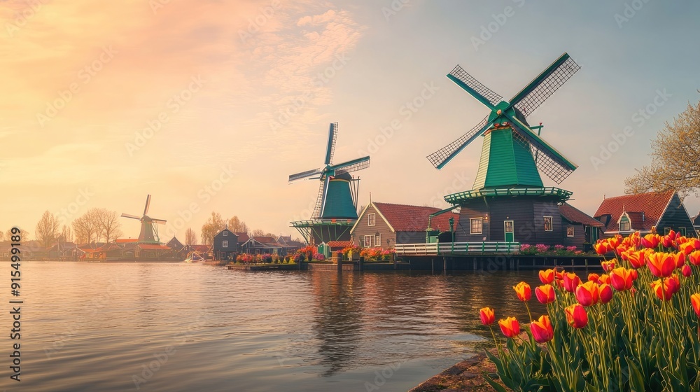 Stunning spring day in Zaanse Schans, with colorful tulip fields and traditional windmills set against a clear sky. Stunning spring day in Zaanse Schans, with colorful tulip fields and traditional windmills set against a clear sky.
