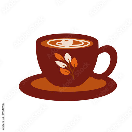 Hot coffee with latte art in a cozy cup on a saucer, perfect for a morning or afternoon break