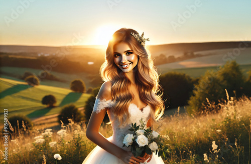 Beautiful Bride at Sunset Holding White Roses in a Scenic Countryside