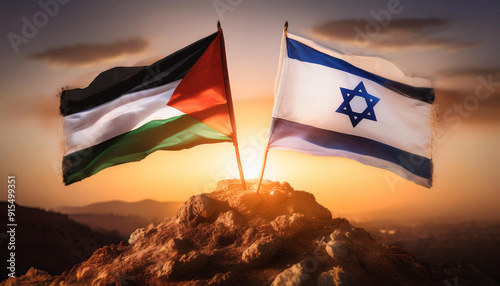Palestine and Israel Flags Raised on a Mountain Peak at Sunrise