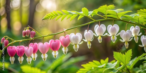 Delicate, heart-shaped flowers with drooping, whites and pinks, dangle from fern-like foliage, blooming in early spring in shaded woodland areas of native North America. photo